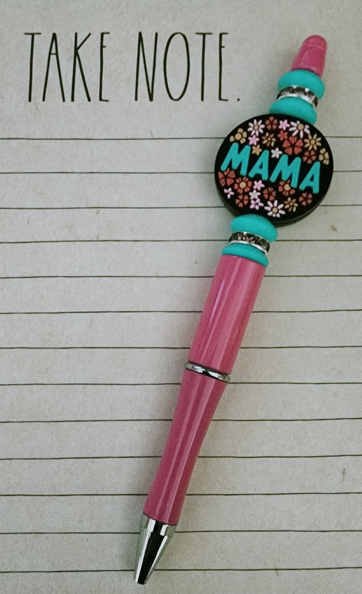 Mama with Teal Beads on Pink Pen