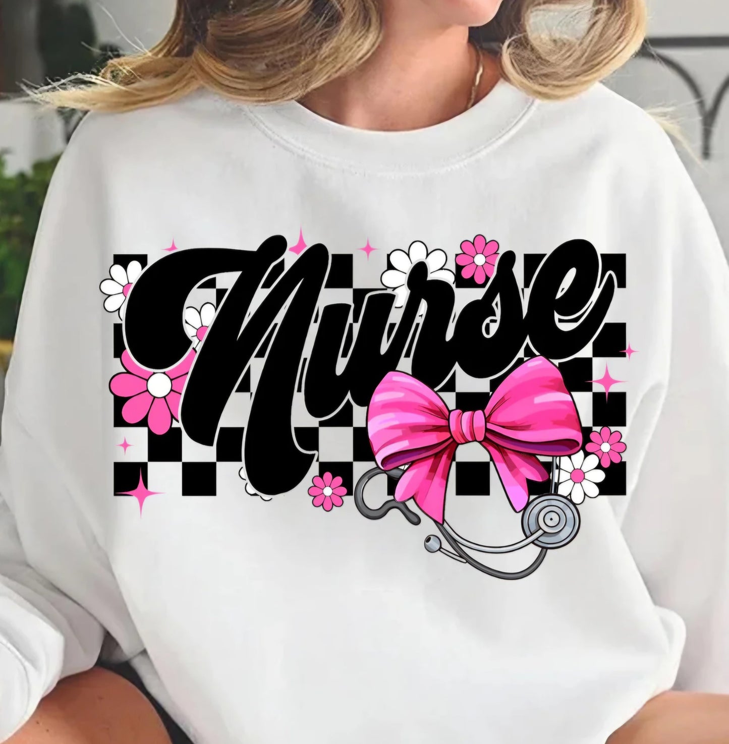 Checkered Nurse with Pink Bow